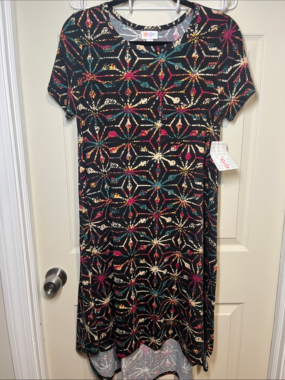 LuLaRoe Carly Black Dress with Teal, Magenta & Gold Starburst Print